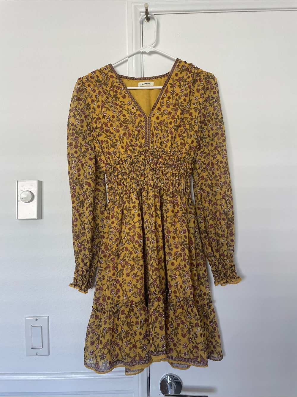 Max Studio Mustard Floral Long-Sleeve Smocked Waist Dress